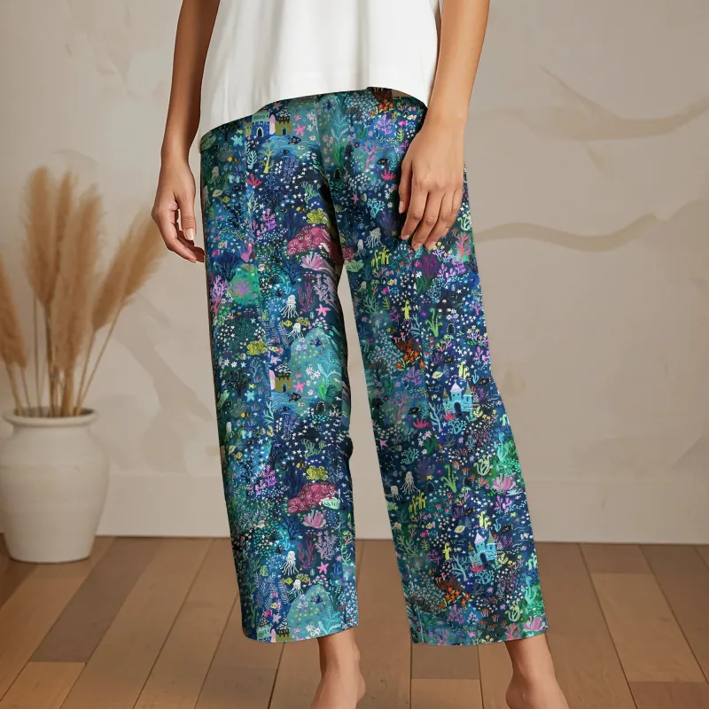 Women Casual Ankle Pants Lounge Elastic Waist with Pockets 93% Lyocell, 7% Linen Blue Aloha Enchanted Underwater World sold by Yiume