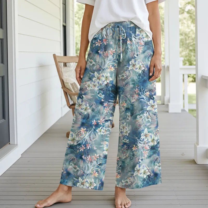 Women Casual Floral Wide Leg Pants Lounge Elastic Waist Drawstring with Pockets 93% Lyocell, 7% Linen Blue Aloha Floral Whispers In The Mist sold by Yiume