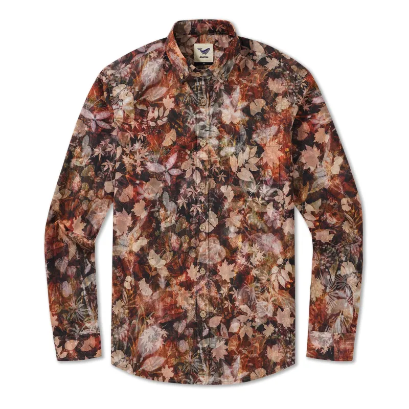 Men's Hawaiian Shirt Long Sleeve Button-down 100% Cotton Orange Aloha Leaves in a Sun-Drenched Waltz made by Yiume