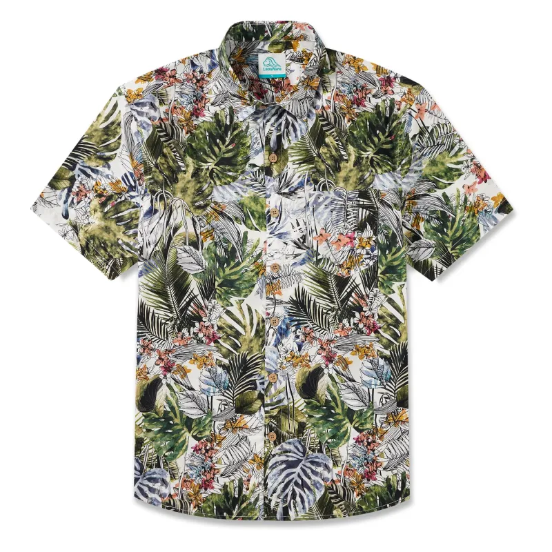 LeosWare® Men's Hawaiian Shirt Short Sleeve Button-up 100% Cotton Green Aloha Tropical Jungle sold by Yiume