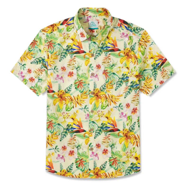 LeosWare® Men's Hawaiian Shirt Short Sleeve Button-up 100% Cotton Yellow Aloha Tropical Flowers In Light Yellow sold by Yiume