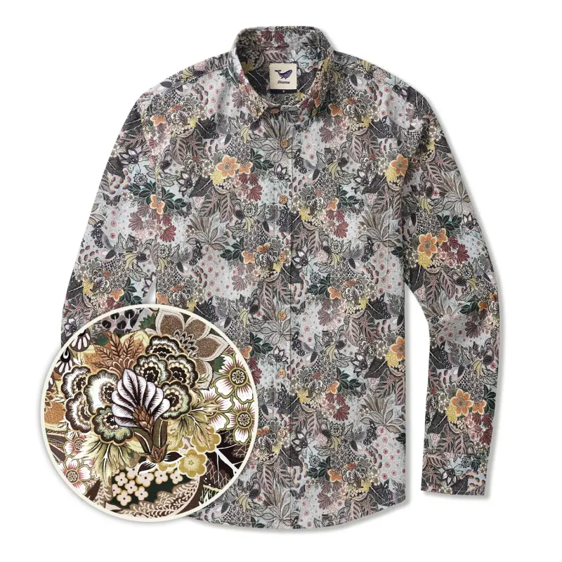 Men's Hawaiian Shirt Long Sleeve Button-down 100% Cotton Brown Aloha Retro Gentleman Art sold by Yiume