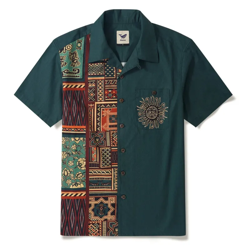 Men's Hawaiian Bowling Shirt Short Sleeve Camp Collar 100% Cotton Black Aloha The Charm Of Vintage Folk Patterns sold by Yiume