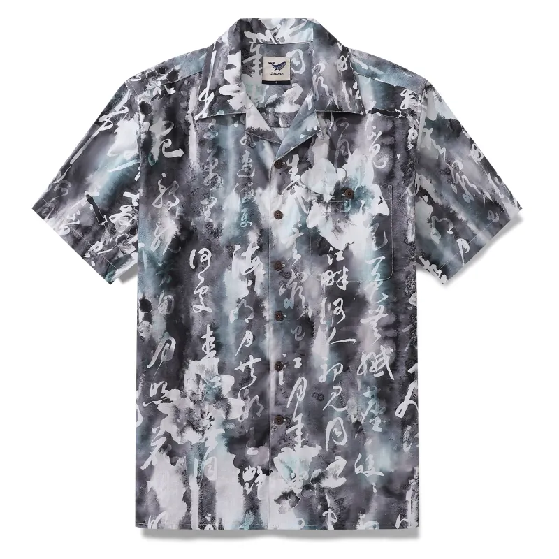 Designer Hawaiian Shirt For Men Chinese Ink Painting Shirt 100% Cotton Camp Collar Shirt sold by Yiume