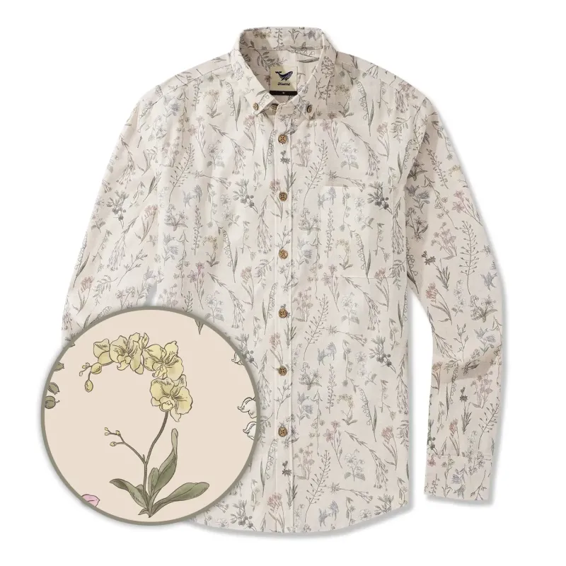 Men's Hawaiian Shirt Long Sleeve Button-down 100% Cotton White Aloha Joyful Garden sold by Yiume