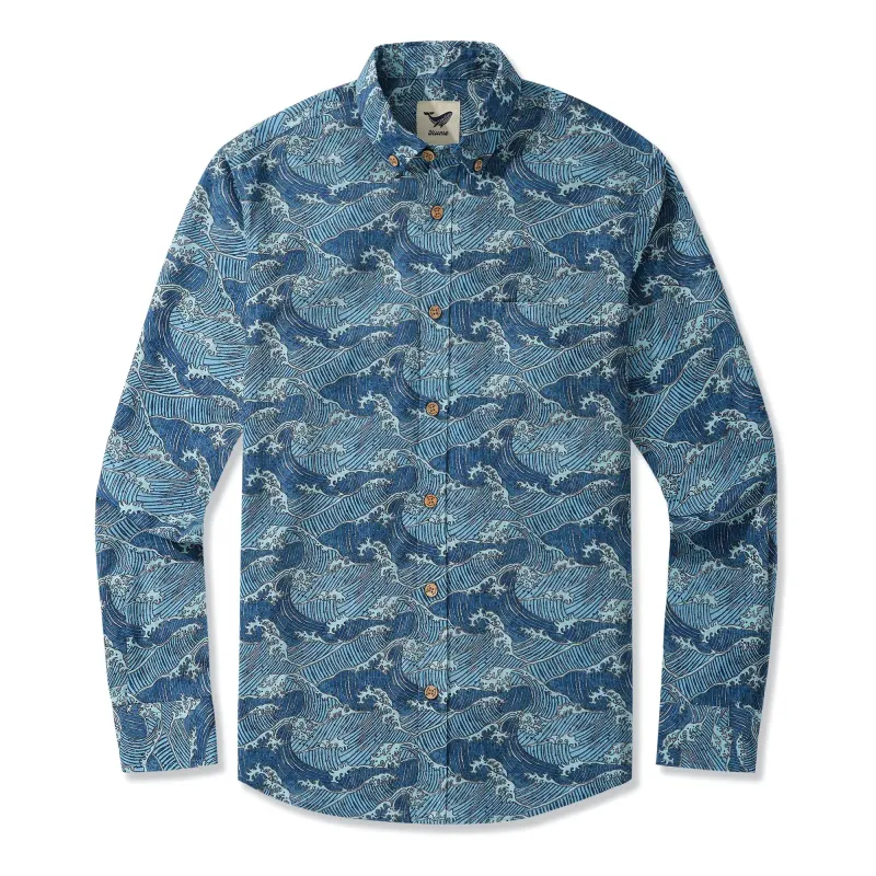 Men's Hawaiian Shirt Long Sleeve Button-down 100% Cotton Blue Aloha Surging Waves Of Ukiyo-e sold by Yiume