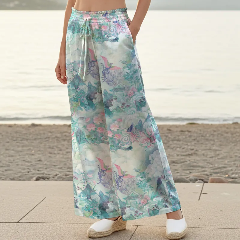 Women Casual Floral Wide Leg Palazzo Pants Lounge Elastic Waist Drawstring with Pockets 100% Cotton Blue Aloha Painted Scroll Of The Celestial Garden sold by Yiume