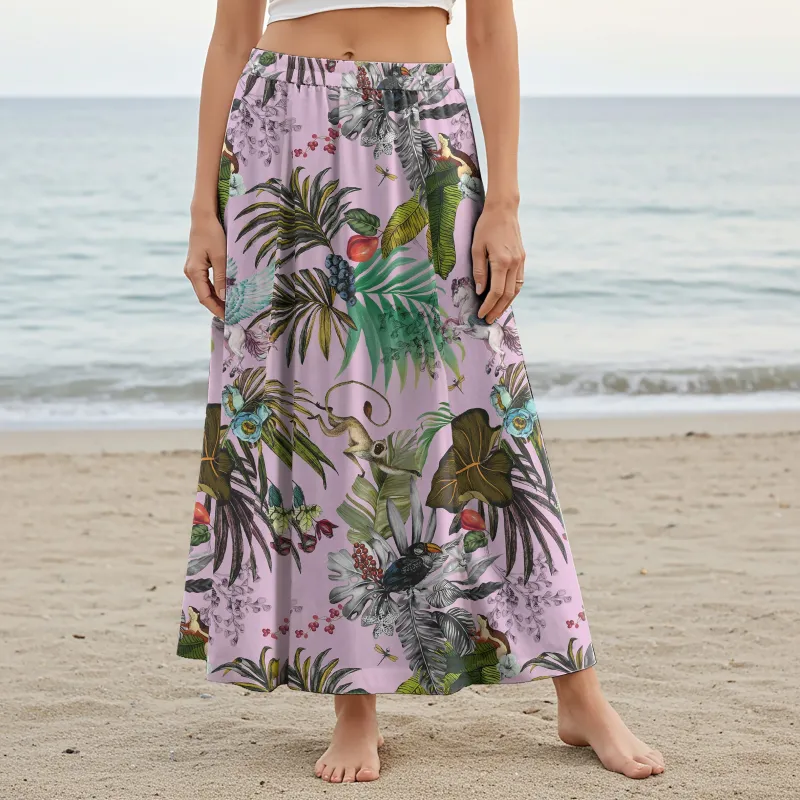 Women Casual Maxi Skirt Long Elastic Waist with Pockets 100% Cotton Purple Aloha Fantasy Tropical Paradise sold by Yiume