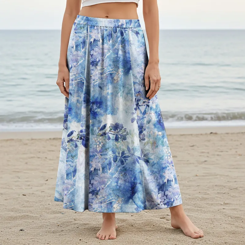 Women Casual Maxi Skirt Long Elastic Waist with Pockets 100% Cotton Blue Aloha Blue Dreams sold by Yiume