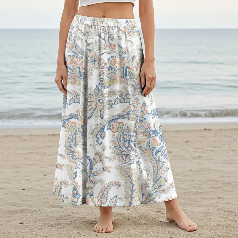 Women Casual Maxi Skirt Long Elastic Waist with Pockets 100% Cotton Blue Aloha Powder Blue Paisley Charm sold by Yiume