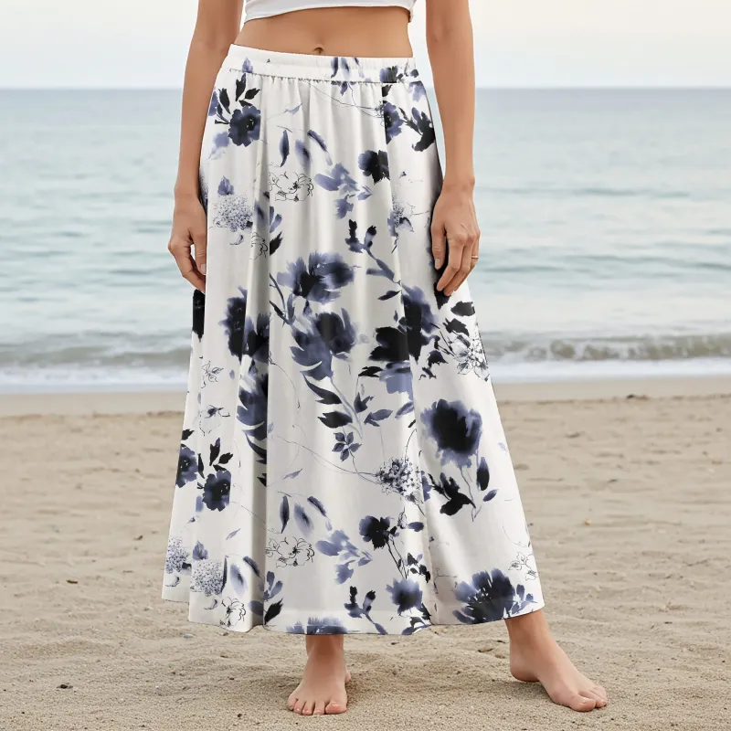 Women Casual Maxi Skirt Long Elastic Waist 100% Cotton White Aloha Eastern Ink Charm sold by Yiume