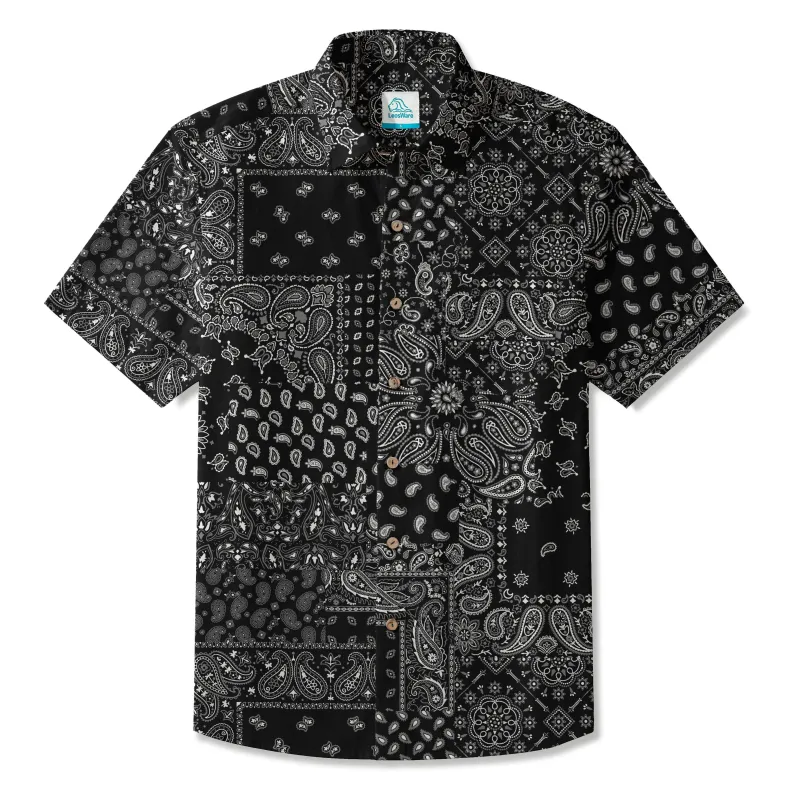 LeosWare® Men's Hawaiian Shirt Short Sleeve Button-up 100% Cotton Black Aloha Monochrome Paisley Collage sold by Yiume