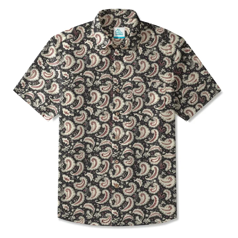 LeosWare® Men's Hawaiian Shirt Short Sleeve Button-up 100% Cotton Black Aloha Classic Paisley Elegance sold by Yiume