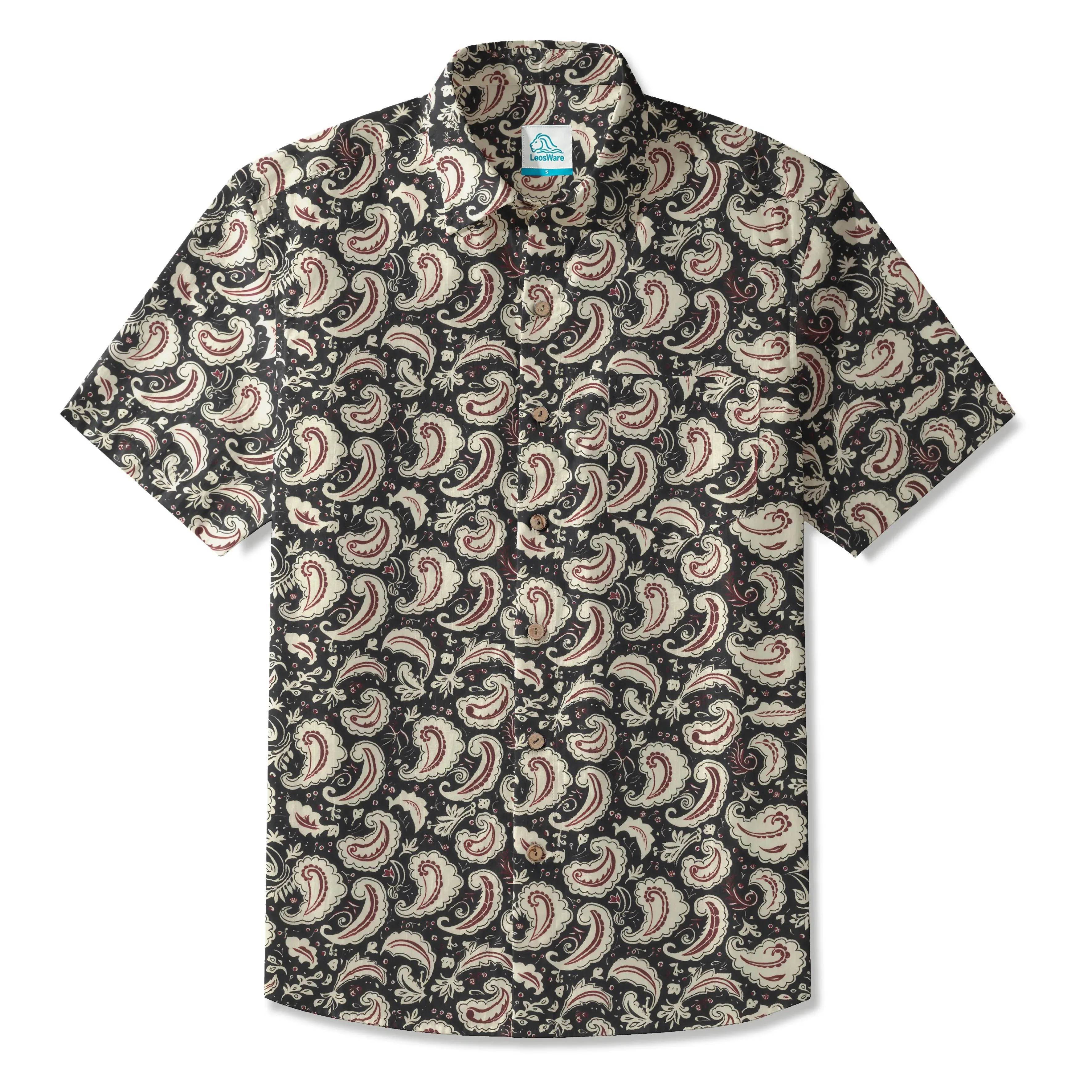 LeosWare® Men's Hawaiian Shirt Short Sleeve Button-up 100% Cotton Black Aloha Classic Paisley Elegance sold by Yiume
