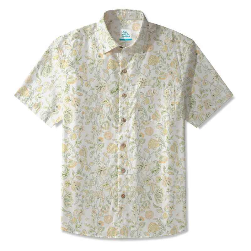 LeosWare® Men's Hawaiian Shirt Short Sleeve Button-up 100% Cotton Green Aloha Vintage Floral Serenity sold by Yiume