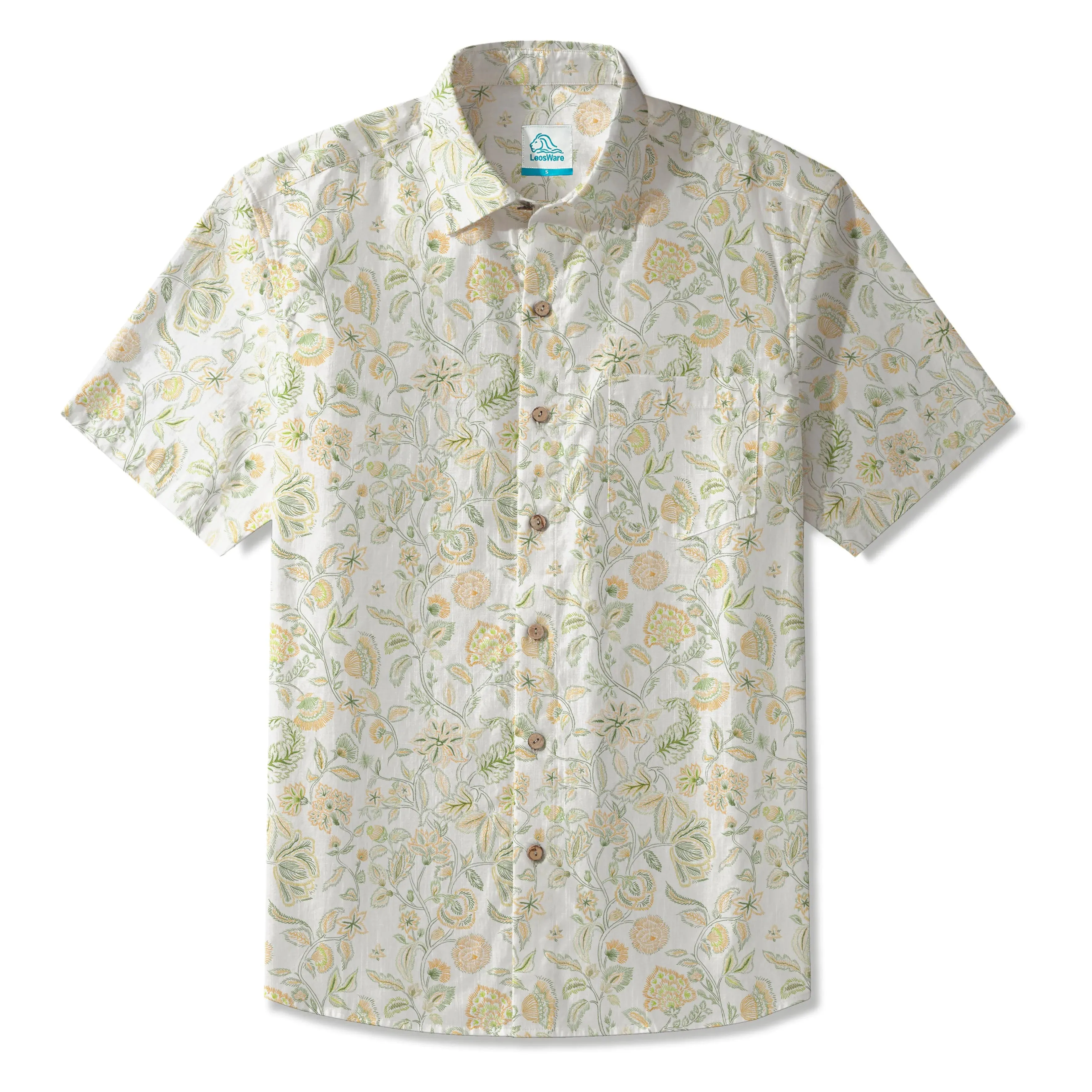 LeosWare® Men's Hawaiian Shirt Short Sleeve Button-up 100% Cotton Green Aloha Vintage Floral Serenity sold by Yiume