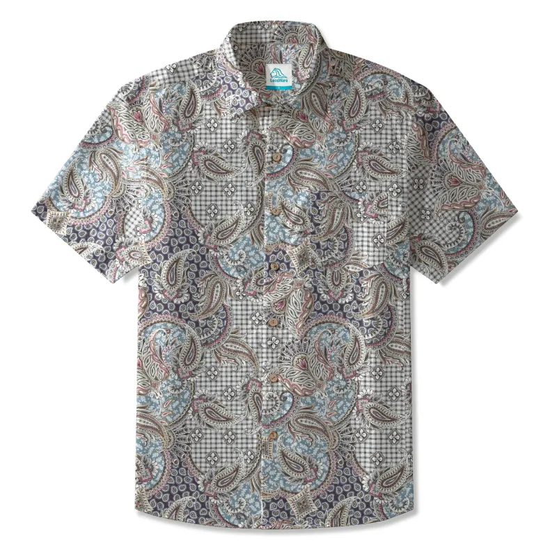 LeosWare® Men's Hawaiian Shirt Short Sleeve Button-up 100% Cotton Blue Aloha Elegant Retro Paisley sold by Yiume