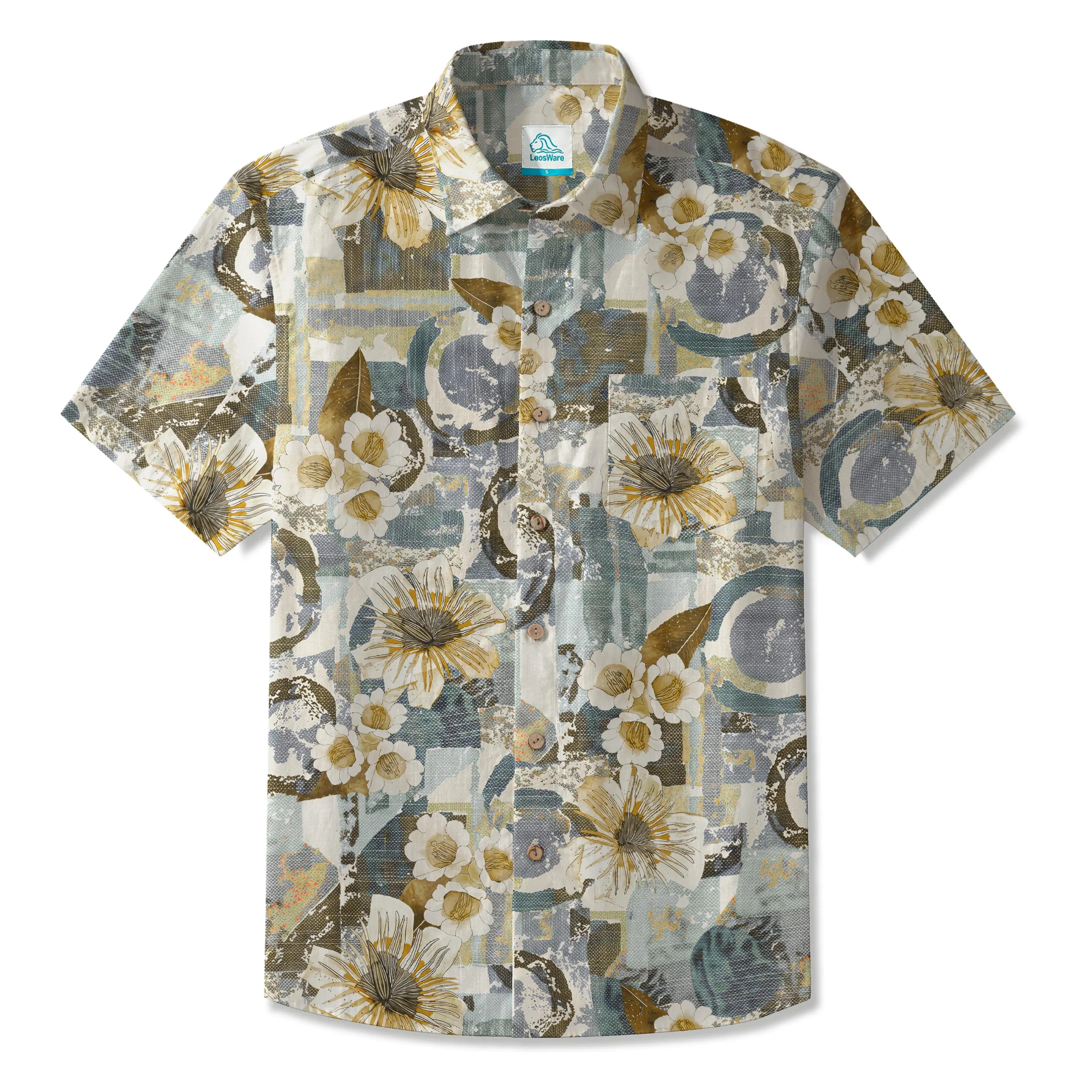 LeosWare® Men's Hawaiian Shirt Short Sleeve Button-up 100% Cotton Green Aloha Vintage Collage Flower Cluster sold by Yiume