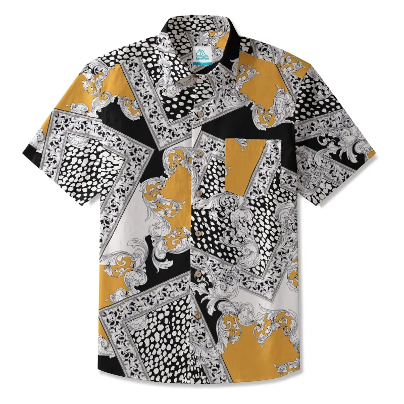 LeosWare® Men's Hawaiian Shirt Short Sleeve Button-up 100% Cotton Orange Aloha Luxurious Geometric Charm sold by Yiume