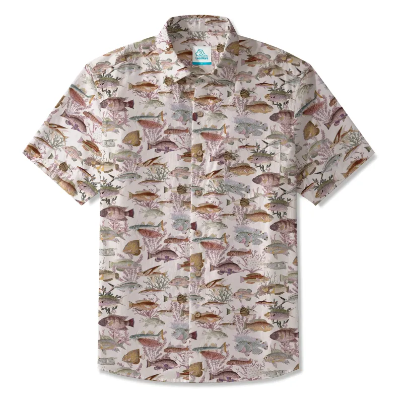 LeosWare® Men's Hawaiian Shirt Short Sleeve Button-up 100% Cotton Green Aloha Classic Ocean Mosaic sold by Yiume