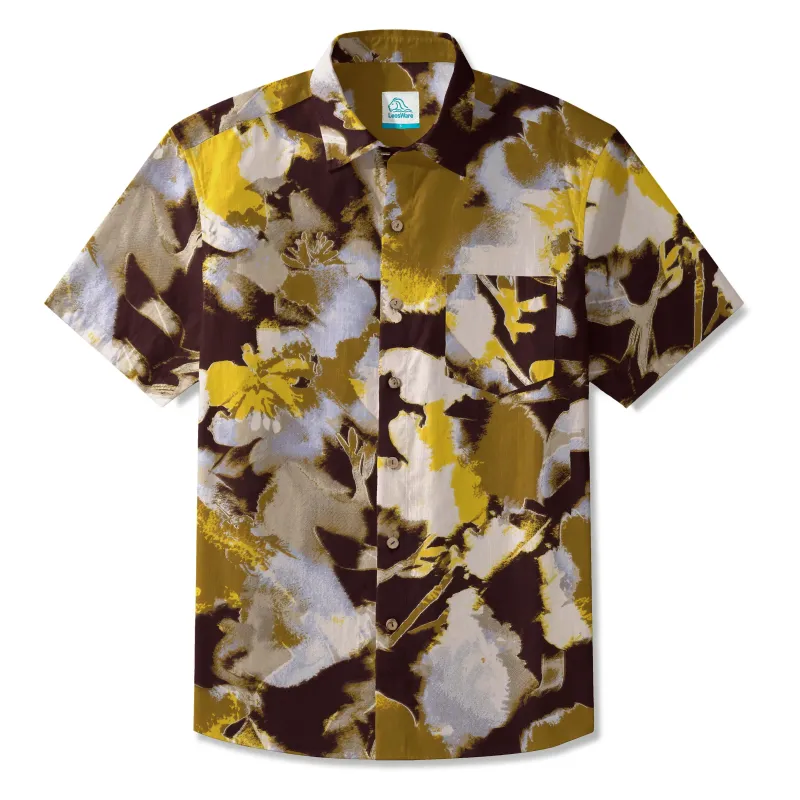 LeosWare® Men's Hawaiian Shirt Short Sleeve Button-up 100% Cotton Yellow Aloha Golden Artistic Flowers sold by Yiume