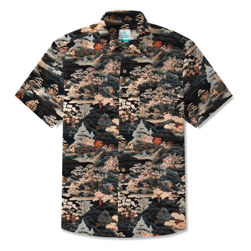LeosWare® Men's Hawaiian Shirt Short Sleeve Button-up 100% Cotton Black Aloha Eastern Art Landscape sold by Yiume