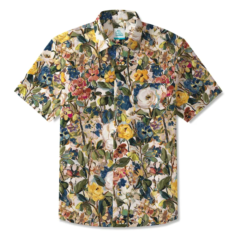 LeosWare® Men's Hawaiian Shirt Short Sleeve Button-up 100% Cotton Green Aloha Impressionist Floral Art sold by Yiume
