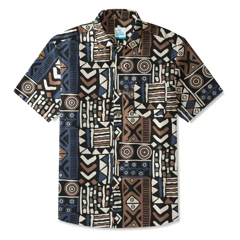 LeosWare® Men's Hawaiian Shirt Short Sleeve Button-up 100% Cotton Brown Aloha Elegant Cultural Geometric Art sold by Yiume