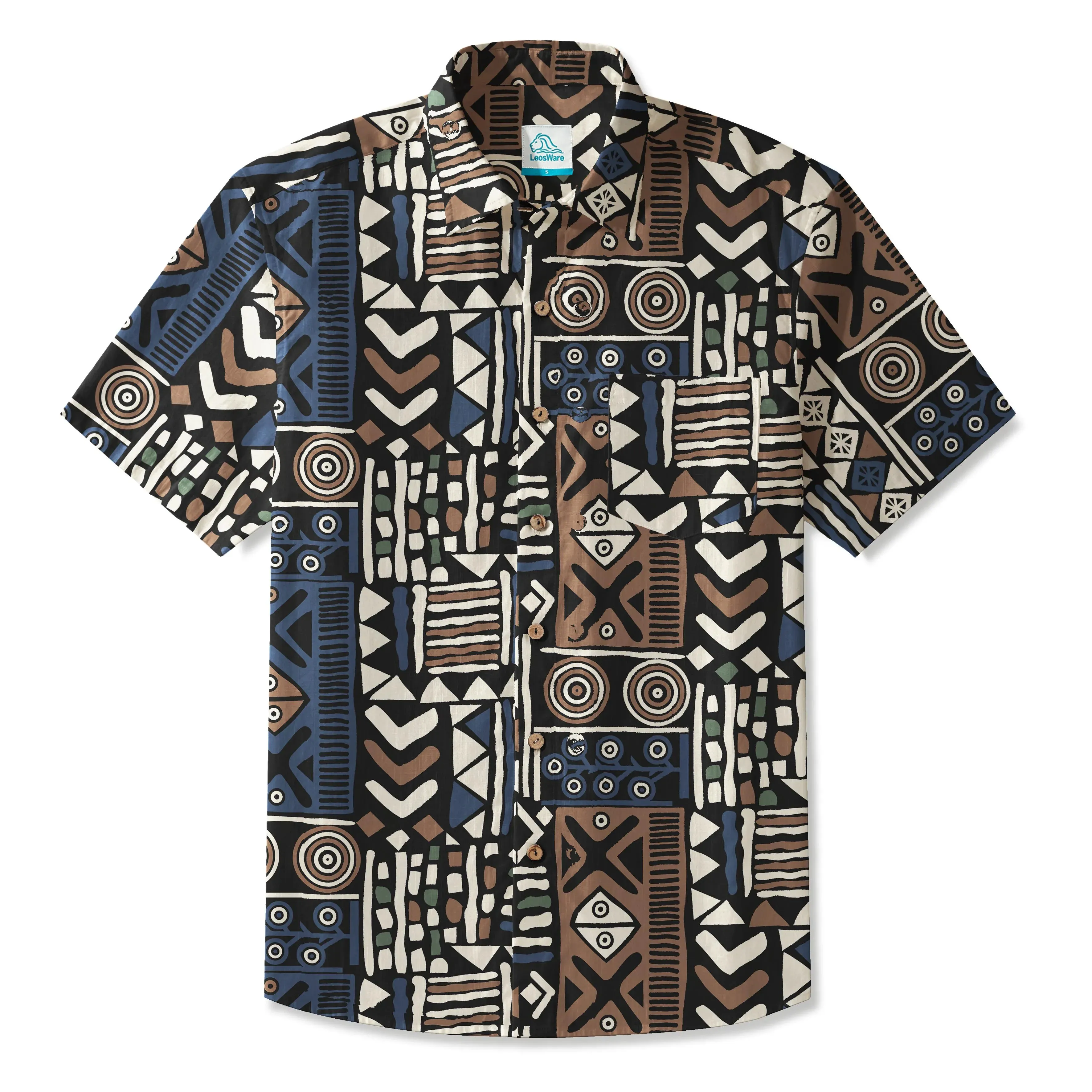 LeosWare® Men's Hawaiian Shirt Short Sleeve Button-up 100% Cotton Brown Aloha Elegant Cultural Geometric Art sold by Yiume