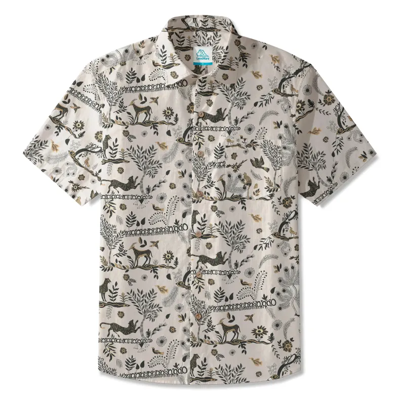 LeosWare® Men's Hawaiian Shirt Short Sleeve Button-up 100% Cotton Black Aloha Vintage Wilderness Elegance sold by Yiume