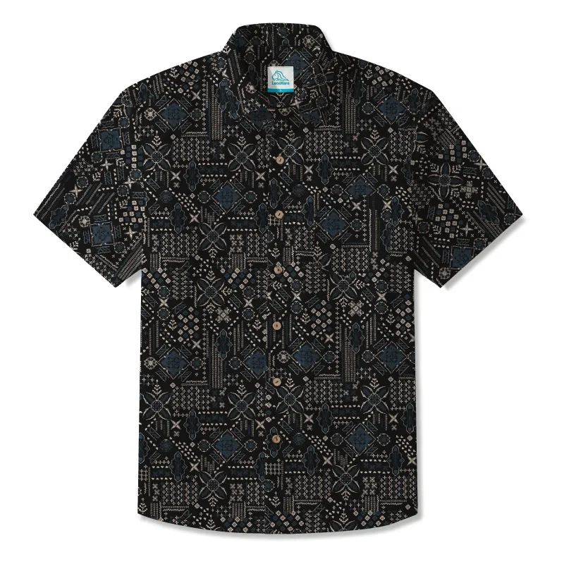 LeosWare® Men's Hawaiian Shirt Short Sleeve Button-up 100% Cotton Black Aloha Dark Geometric Art sold by Yiume