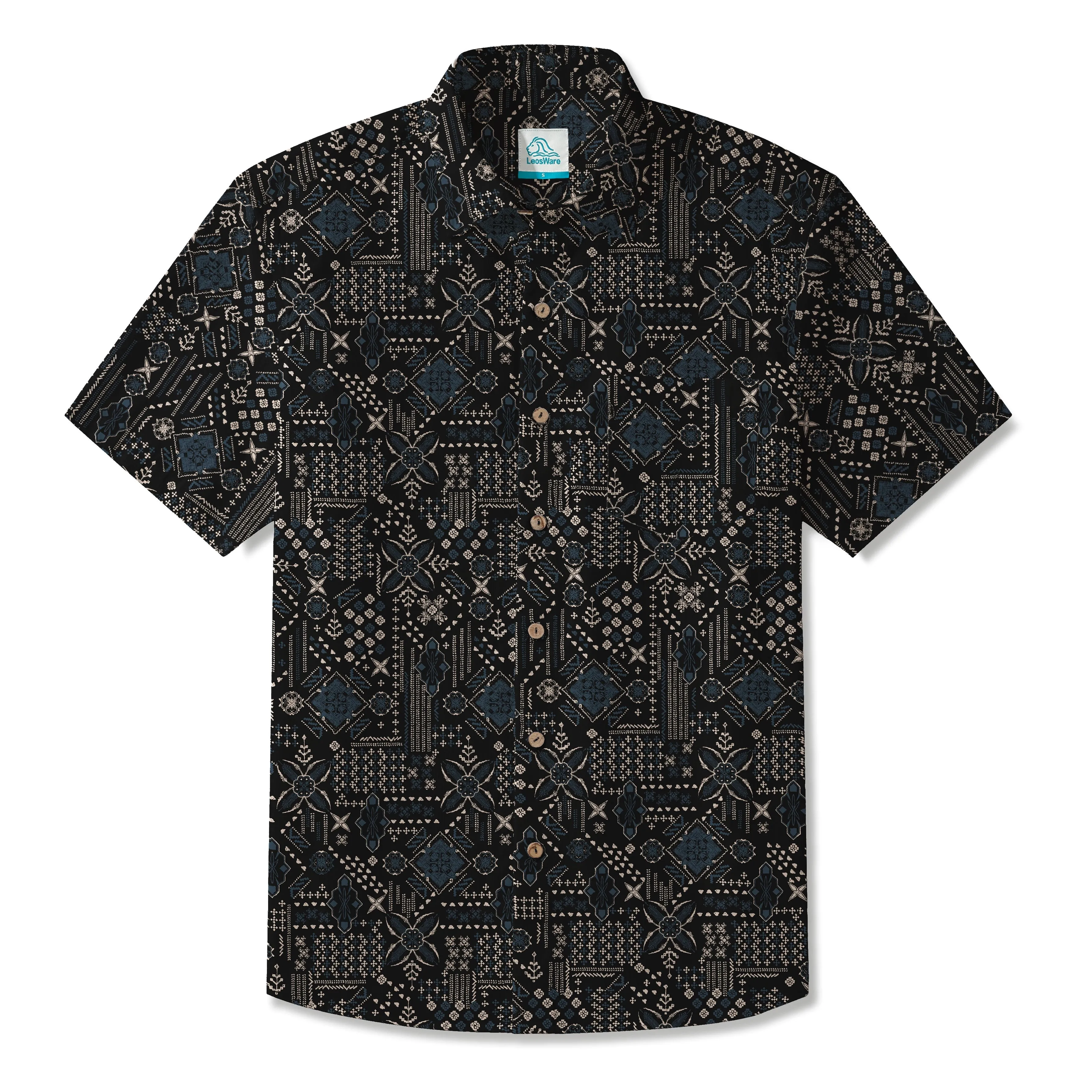 LeosWare® Men's Hawaiian Shirt Short Sleeve Button-up 100% Cotton Black Aloha Dark Geometric Art sold by Yiume