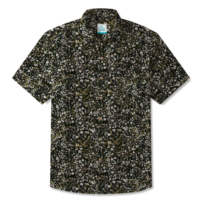 LeosWare® Men's Hawaiian Shirt Short Sleeve Button-up 100% Cotton Green Aloha Vintage Midnight Garden sold by Yiume