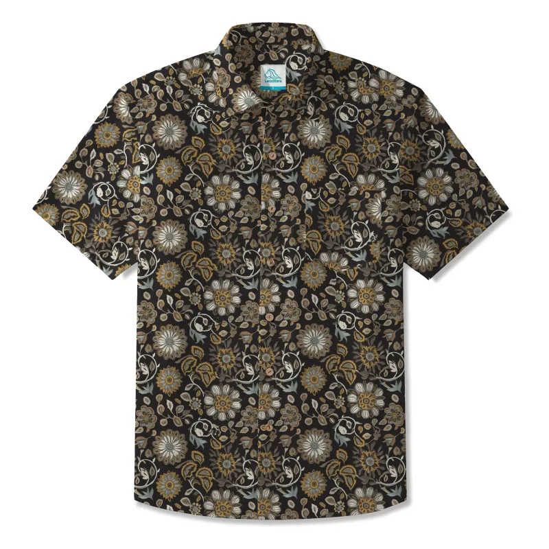 LeosWare® Men's Hawaiian Shirt Short Sleeve Button-up 100% Cotton Black Aloha Paisley Art sold by Yiume
