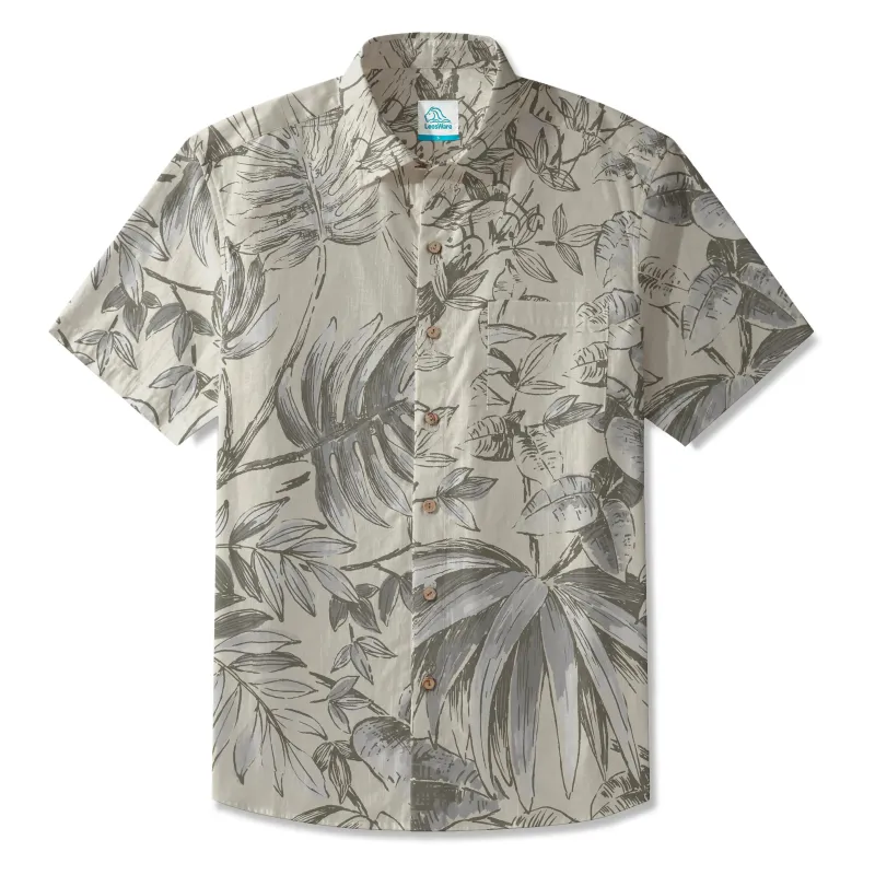 LeosWare® Men's Hawaiian Shirt Short Sleeve Button-up 100% Cotton Gray Aloha Vintage Botanical Sketches sold by Yiume