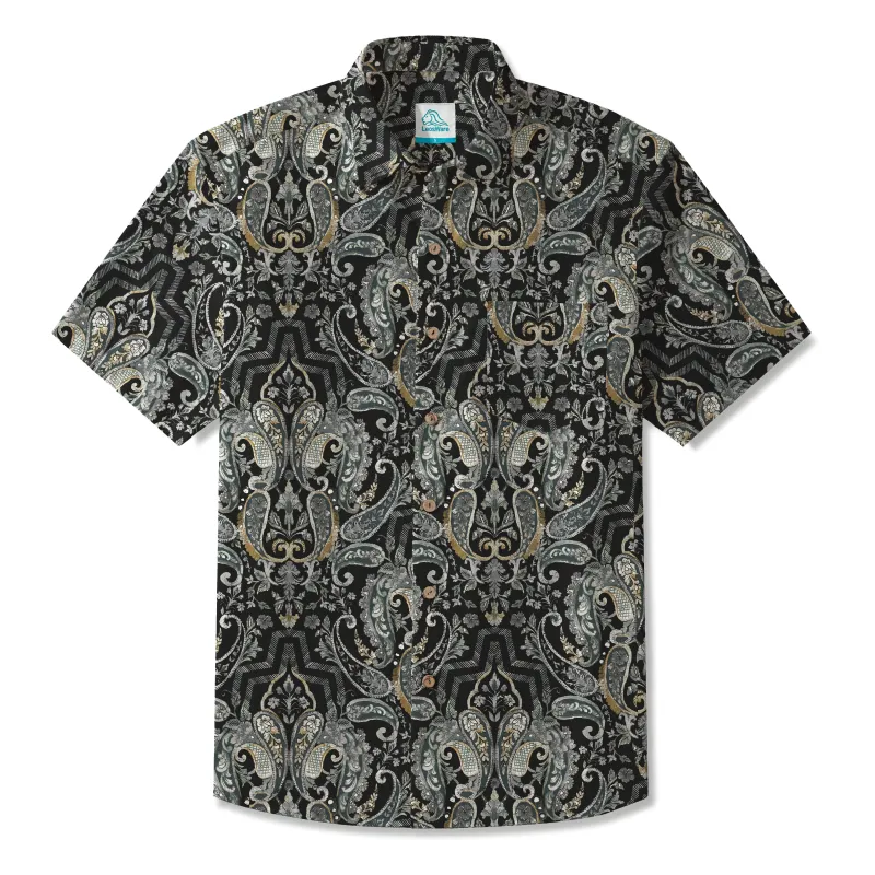 LeosWare® Men's Hawaiian Shirt Short Sleeve Button-up 100% Cotton Black Aloha Vintage Paisley sold by Yiume
