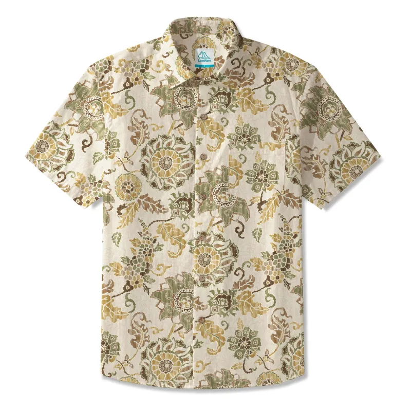 LeosWare® Men's Hawaiian Shirt Short Sleeve Button-up 100% Cotton Yellow Aloha Vintage Luxurious Pattern Art sold by Yiume
