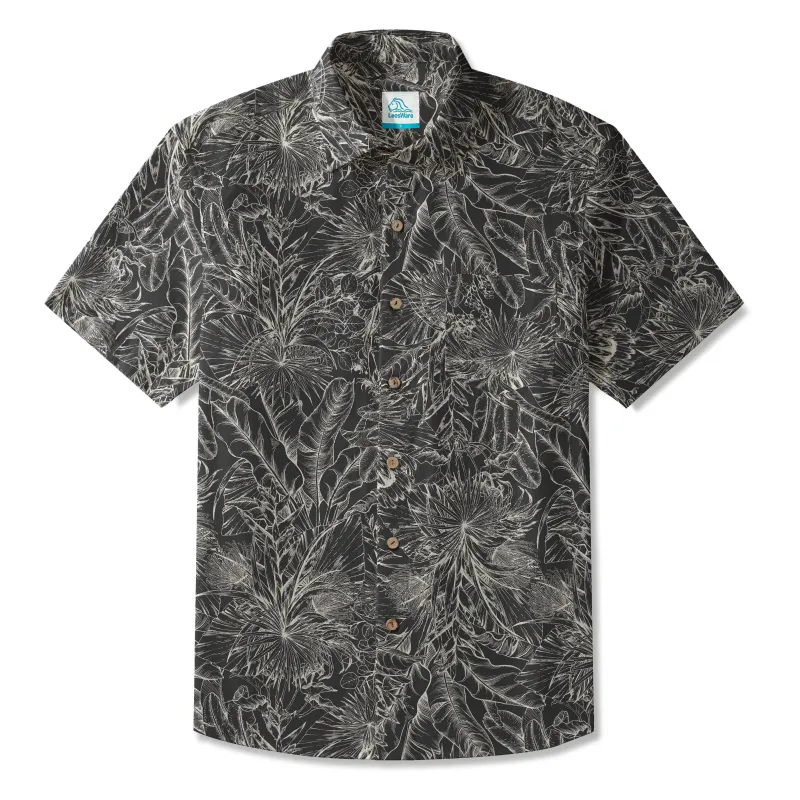 LeosWare® Men's Hawaiian Shirt Short Sleeve Button-up 100% Cotton Black Aloha Midnight Jungle Elegance sold by Yiume