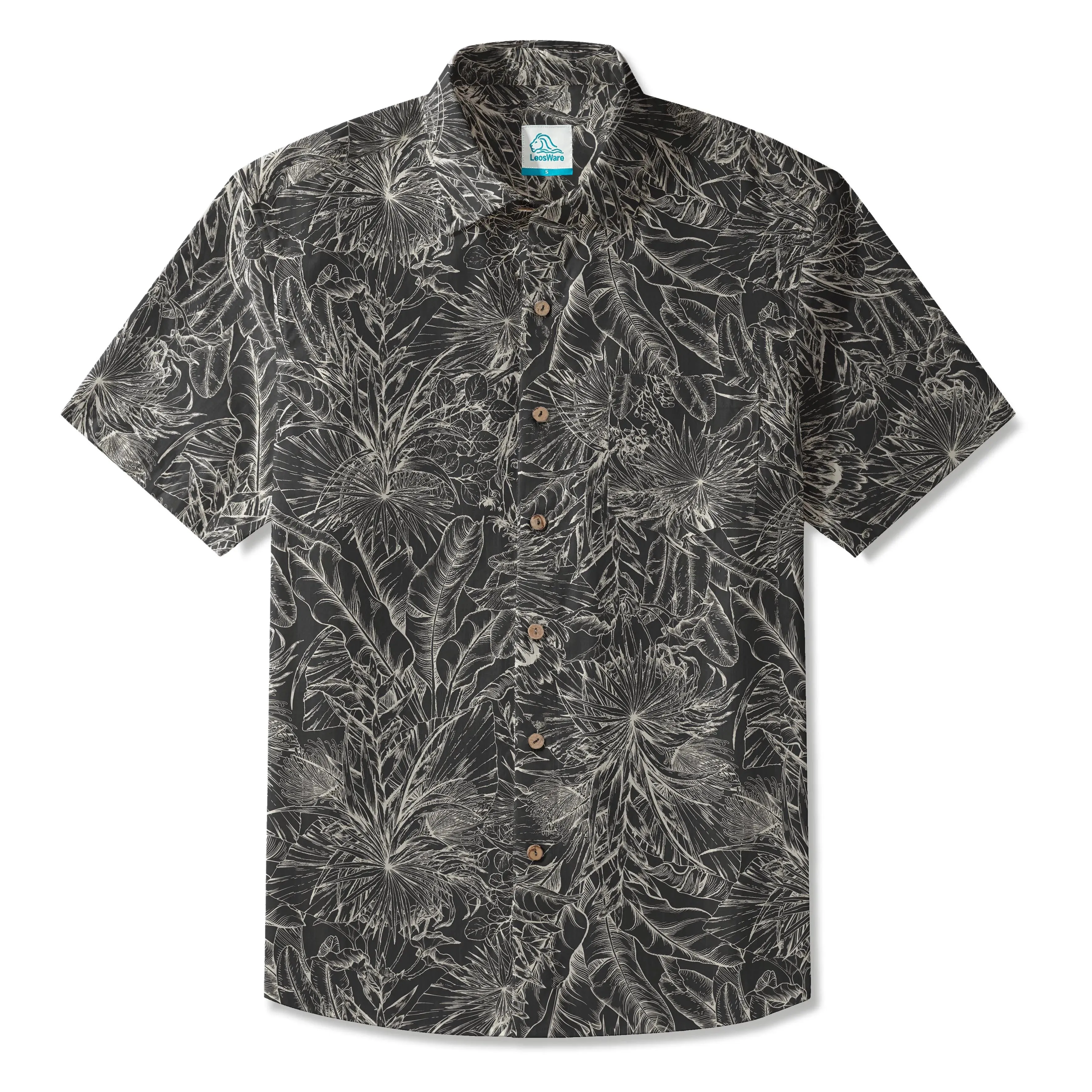 LeosWare® Men's Hawaiian Shirt Short Sleeve Button-up 100% Cotton Black Aloha Midnight Jungle Elegance sold by Yiume