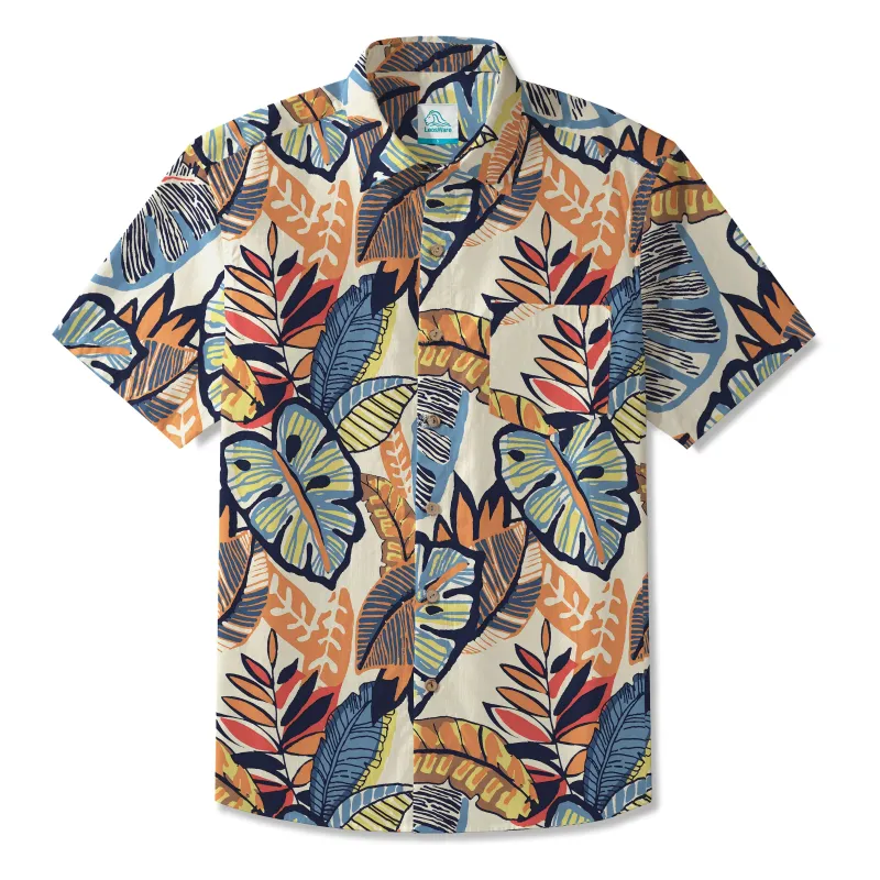 LeosWare® Men's Hawaiian Shirt Short Sleeve Button-up 100% Cotton Orange Aloha Abstract Tropical Leaves sold by Yiume