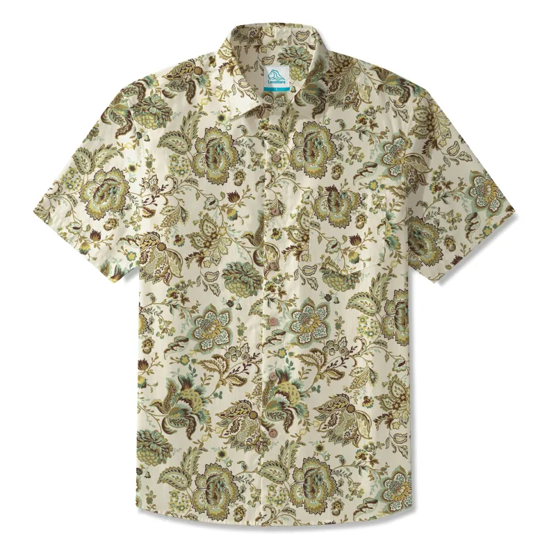 LeosWare® Men's Hawaiian Shirt Short Sleeve Button-up 100% Cotton Green Aloha Vintage Ethnic Floral Design sold by Yiume