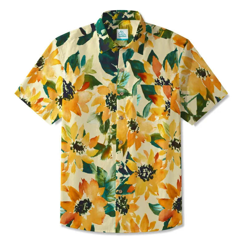LeosWare® Men's Hawaiian Shirt Short Sleeve Button-up 100% Cotton Yellow Aloha Vintage White Base Yellow Flower sold by Yiume