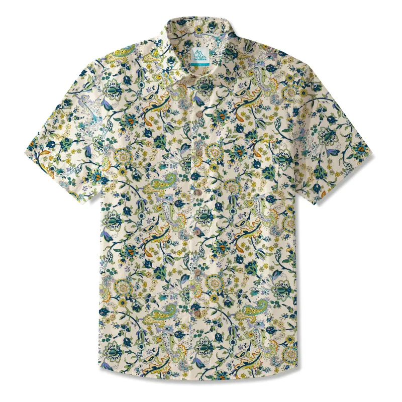 LeosWare® Men's Hawaiian Shirt Short Sleeve Button-up 100% Cotton Green Aloha Vintage Almond Blossom sold by Yiume