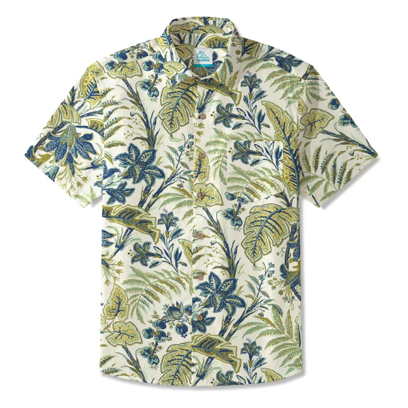 LeosWare® Men's Hawaiian Shirt Short Sleeve Button-up 100% Cotton Green Aloha Tropical Leaves sold by Yiume