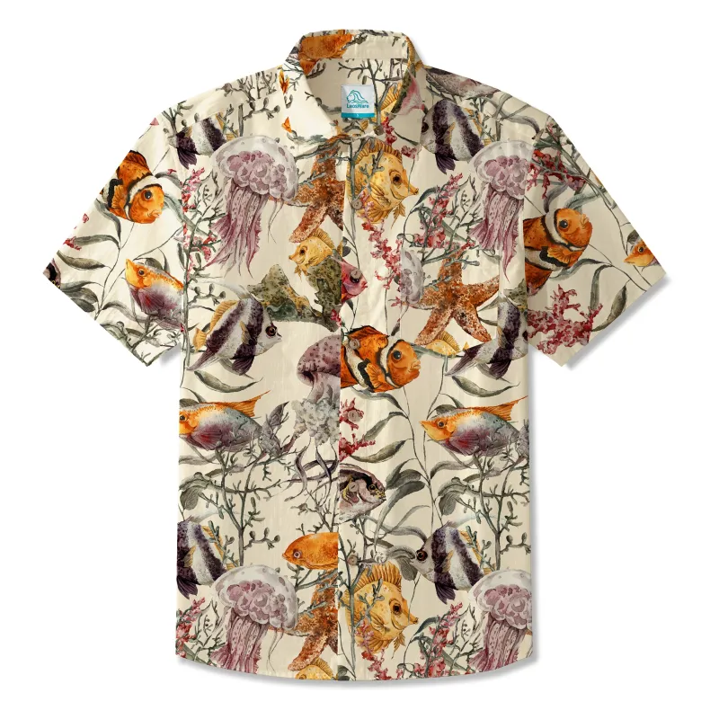 LeosWare® Men's Hawaiian Shirt Short Sleeve Button-up 100% Cotton Beige Aloha Oceanic Realm sold by Yiume