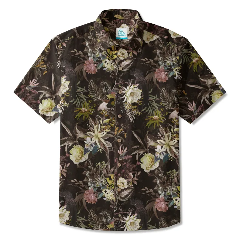 LeosWare® Men's Hawaiian Shirt Short Sleeve Button-up 100% Cotton Black Aloha Dark Night Avian Enclave sold by Yiume