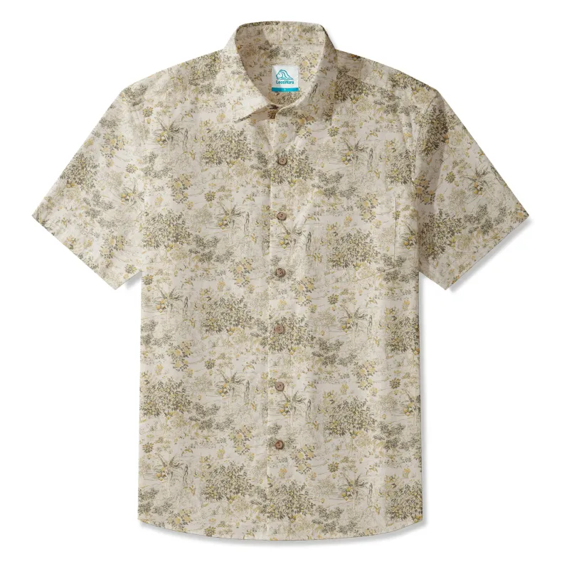 LeosWare® Men's Hawaiian Shirt Short Sleeve Button-up 100% Cotton Beige Aloha Rural Poetry Melody sold by Yiume