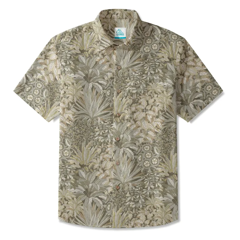 LeosWare® Men's Hawaiian Shirt Short Sleeve Button-up 100% Cotton Beige Aloha Vintage Rainforest Treasures sold by Yiume