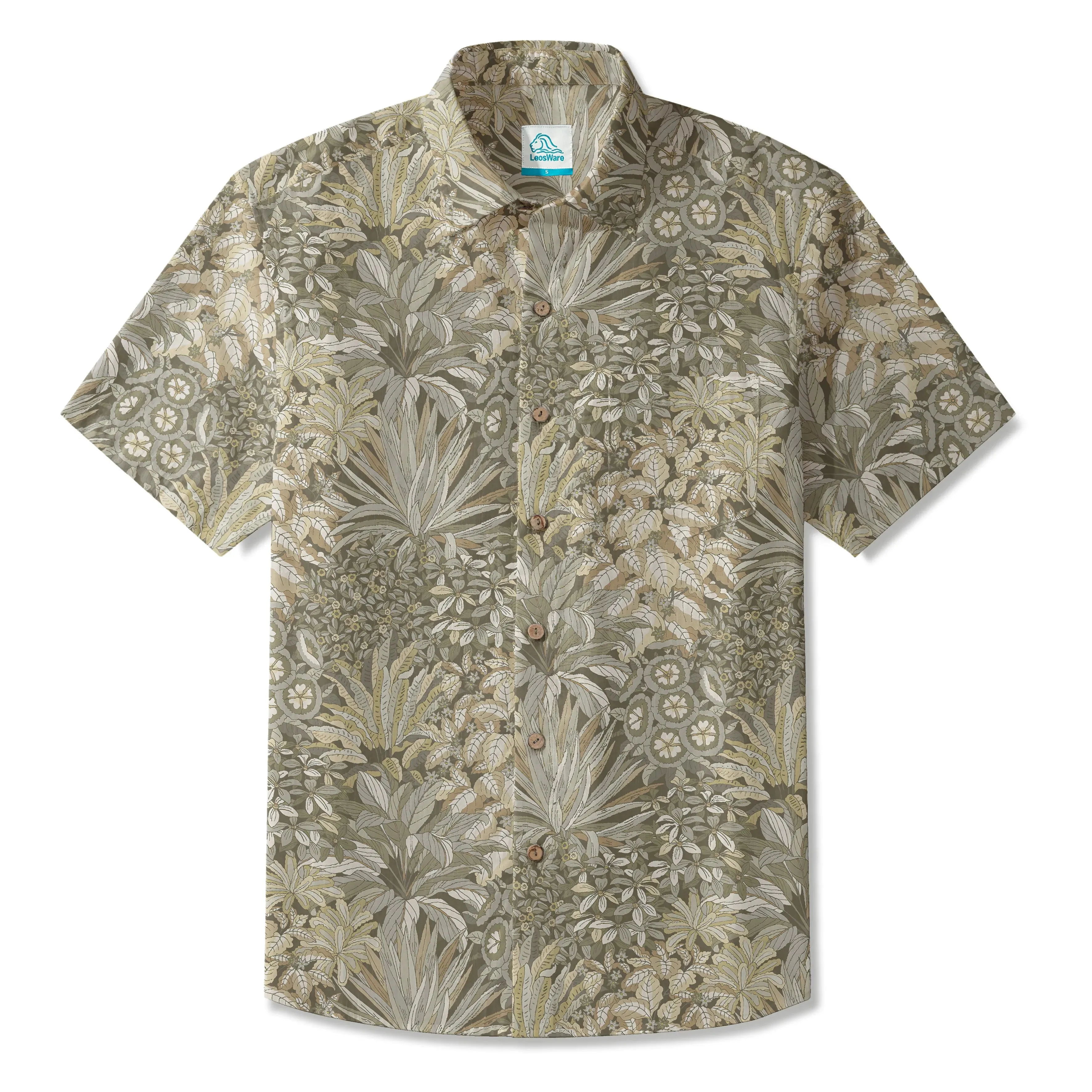 LeosWare® Men's Hawaiian Shirt Short Sleeve Button-up 100% Cotton Beige Aloha Vintage Rainforest Treasures sold by Yiume