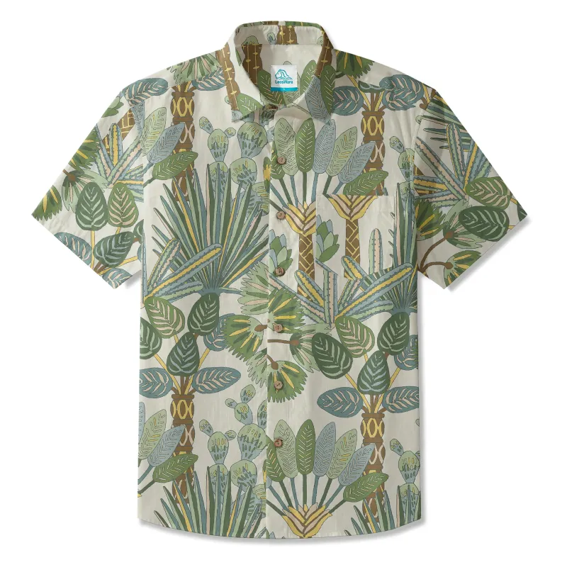 LeosWare® Men's Hawaiian Shirt Short Sleeve Button-up 100% Cotton Green Aloha Tropical Jungle Paradise sold by Yiume
